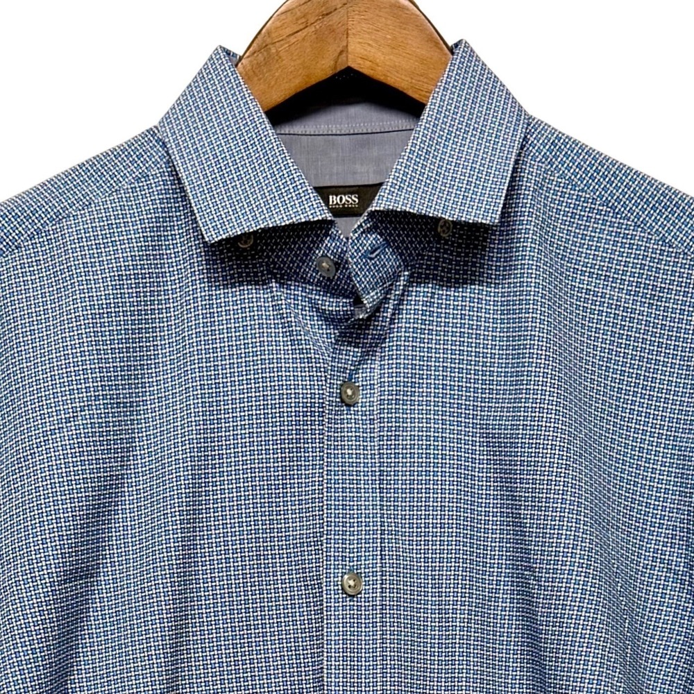 Hugo‎ Boss Mens Sz M Slim Fit Blue Micro Geometric Long Sleeve Button Down Shirt